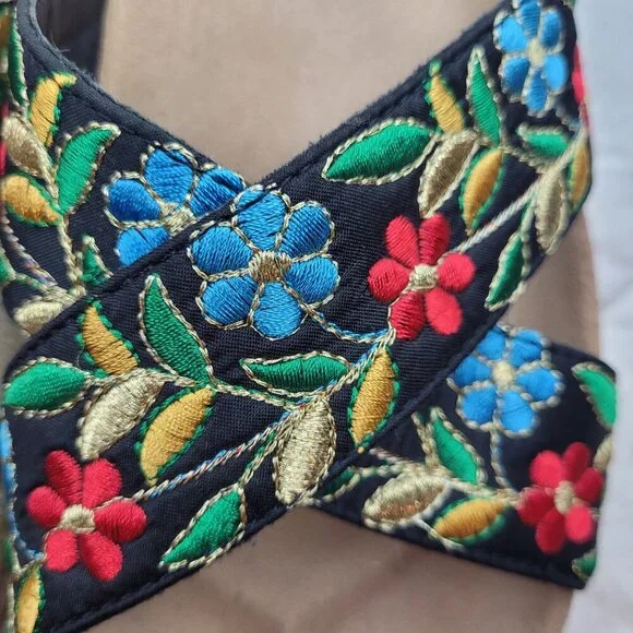 Pierre Dumas embroidered flowers platform black espadrille sandals vacation 10 - Picture 10 of 14